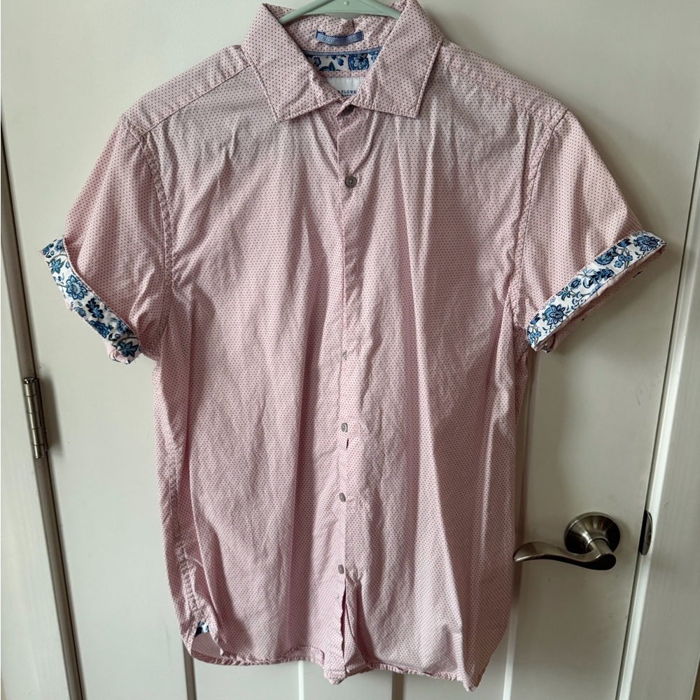 Denim & Flower Pink Short Sleeve Shirt with Blue Patterned Cuffs